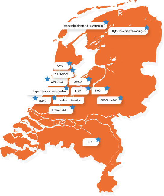 Kaart met Academische partners BioClock onderzoek biologische klok